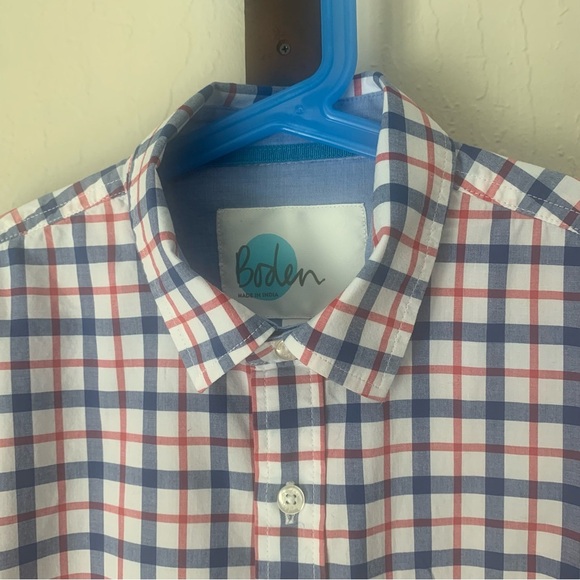 BODEN Casual Button Front Shirt Cotton Plaid Red White & Blue Poplin Preppy - Picture 3 of 14